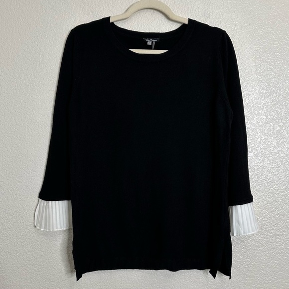 Vila Milano Wool Blend Black Knit Pleated Chiffon Cuffs Sweater, Sz Large - Picture 1 of 11